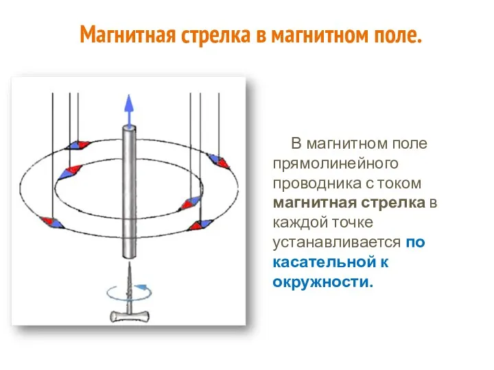 В магнитном поле прямолинейного проводника с током магнитная стрелка в