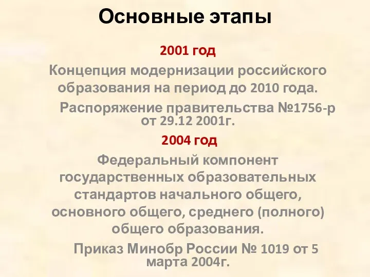 Основные этапы 2001 год Концепция модернизации российского образования на период до 2010 года.