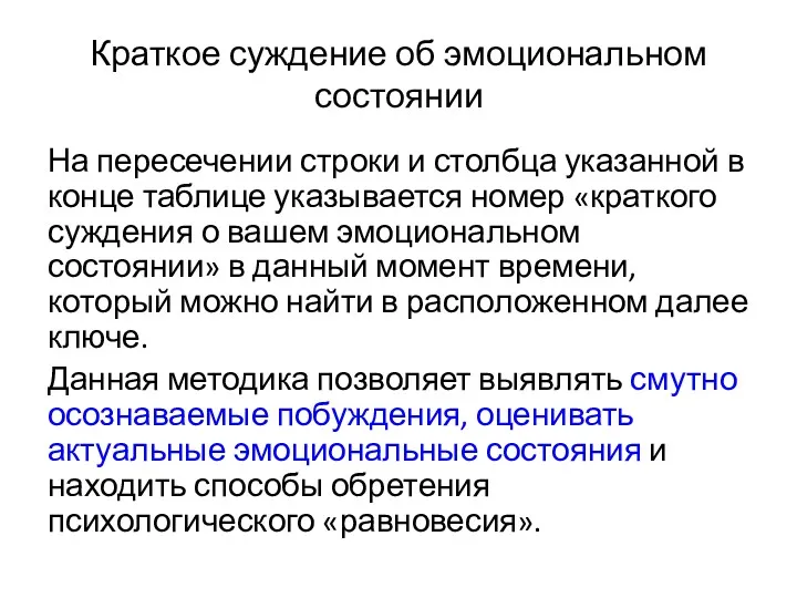 Краткое суждение об эмоциональном состоянии На пересечении строки и столбца