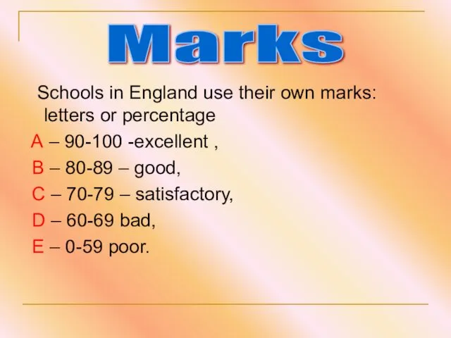 Schools in England use their own marks: letters or percentage