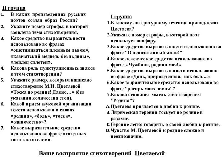 ІІ группа В каких произведениях русских поэтов создан образ России? Укажите номер строфы,