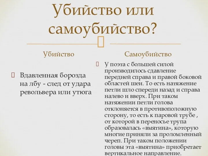 Убийство или самоубийство? Убийство Вдавленная борозда на лбу - след