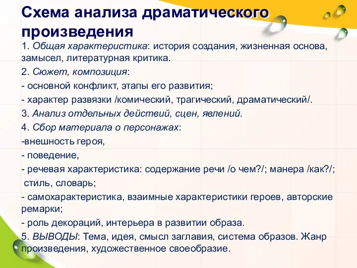 Схема анализа драматического произведения 1. Общая характеристика: история создания, жизненная