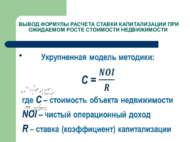 ВЫВОД ФОРМУЛЫ РАСЧЕТА СТАВКИ КАПИТАЛИЗАЦИИ ПРИ ОЖИДАЕМОМ РОСТЕ СТОИМОСТИ НЕДВИЖИМОСТИ