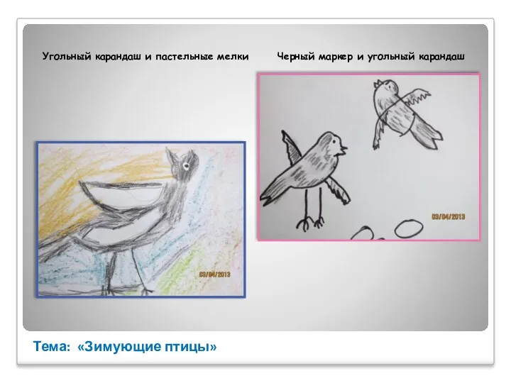Тема: «Зимующие птицы» Угольный карандаш и пастельные мелки Черный маркер и угольный карандаш