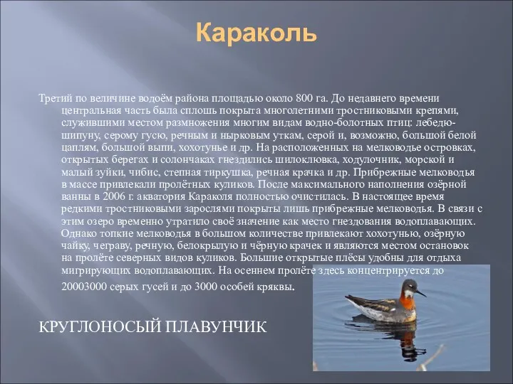 Караколь Третий по величине водоём района площадью около 800 га.