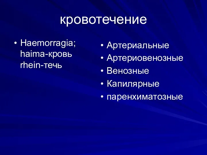 кровотечение Haemorragia; haima-кровь rhein-течь Артериальные Артериовенозные Венозные Капилярные паренхиматозные