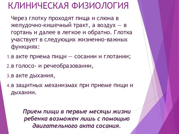 КЛИНИЧЕСКАЯ ФИЗИОЛОГИЯ Через глотку проходят пища и слюна в желудочно-кишечный