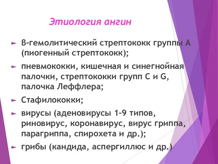 Этиология ангин β-гемолитический стрептококк группы А (пиогенный стрептококк); пневмококки, кишечная