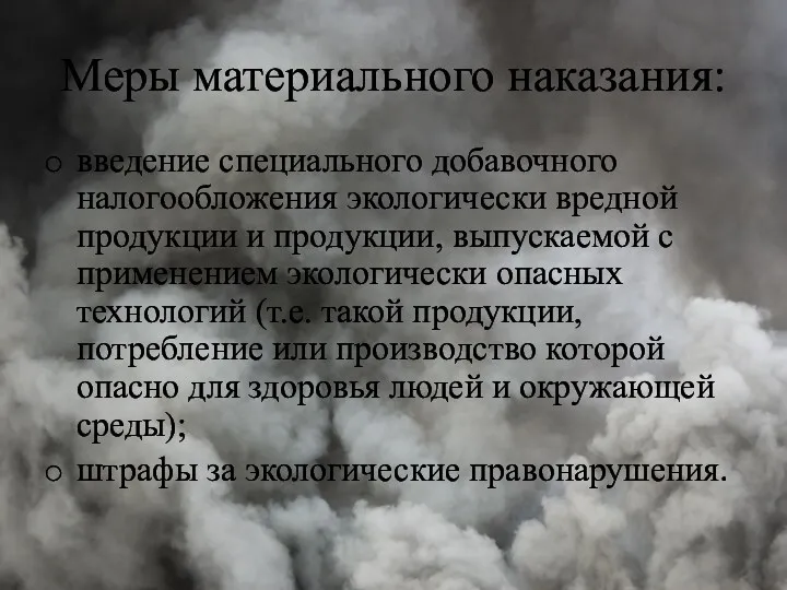 Меры материального наказания: введение специального добавочного налогообложения экологически вредной продукции