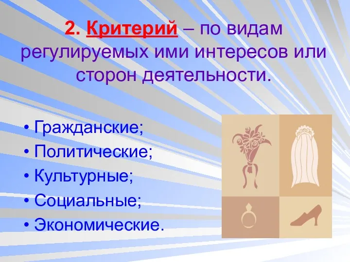 2. Критерий – по видам регулируемых ими интересов или сторон деятельности. Гражданские; Политические; Культурные; Социальные; Экономические.