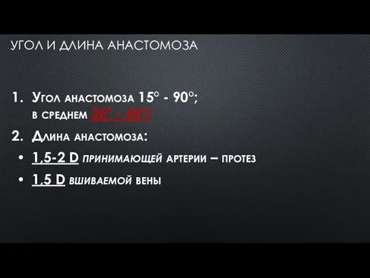 УГОЛ И ДЛИНА АНАСТОМОЗА Угол анастомоза 15° - 90°; в