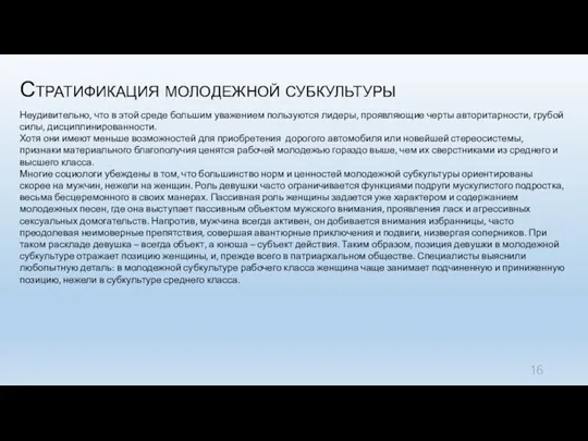 Стратификация молодежной субкультуры Неудивительно, что в этой среде большим уважением