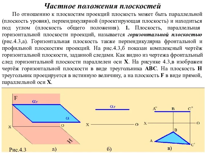 Частное положения плоскостей По отношению к плоскостям проекций плоскость может