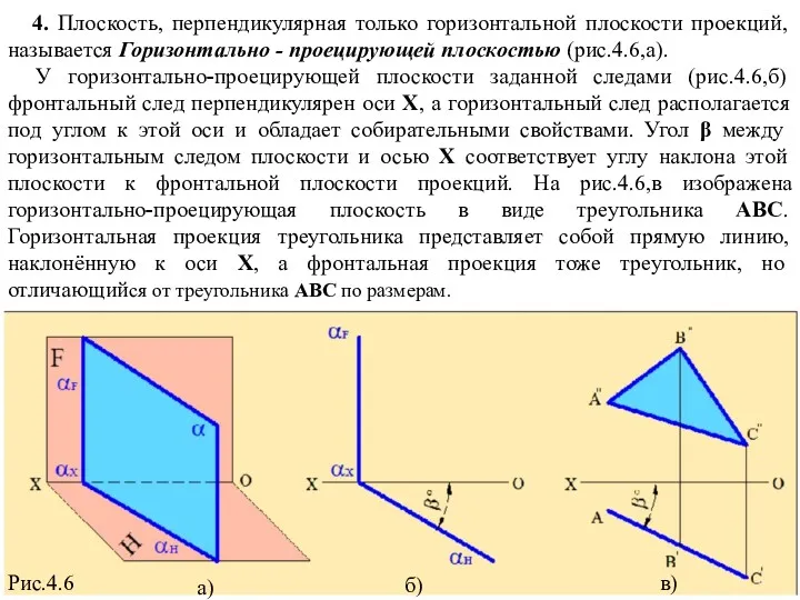 4. Плоскость, перпендикулярная только горизонтальной плоскости проекций, называется Горизонтально -