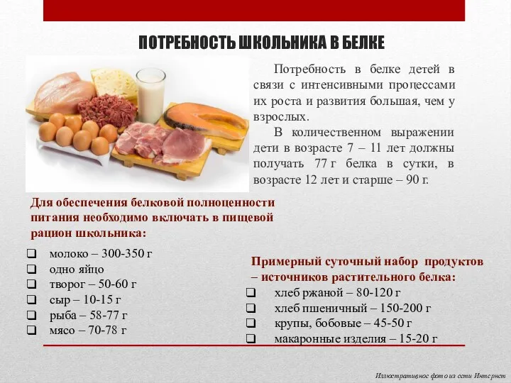 ПОТРЕБНОСТЬ ШКОЛЬНИКА В БЕЛКЕ Потребность в белке детей в связи