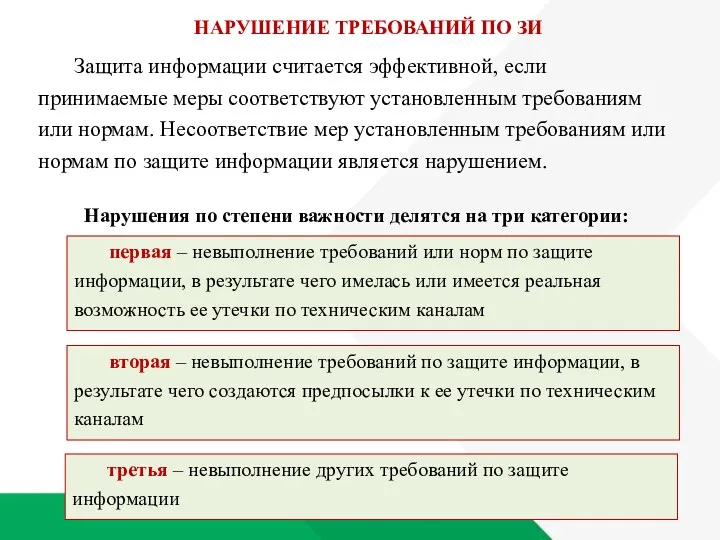 НАРУШЕНИЕ ТРЕБОВАНИЙ ПО ЗИ Защита информации считается эффективной, если принимаемые