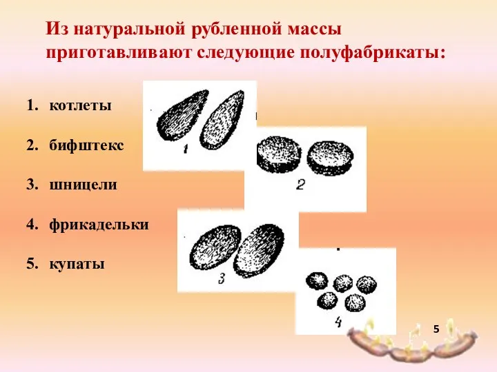 5 Из натуральной рубленной массы приготавливают следующие полуфабрикаты: котлеты бифштекс шницели фрикадельки купаты