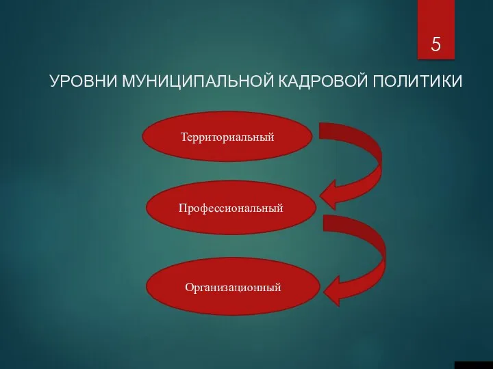 УРОВНИ МУНИЦИПАЛЬНОЙ КАДРОВОЙ ПОЛИТИКИ 5 Территориальный Профессиональный Организационный