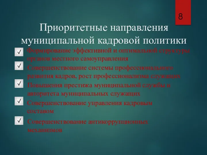 Приоритетные направления муниципальной кадровой политики Формирование эффективной и оптимальной структуры