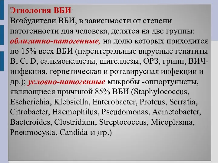 Этиология ВБИ Возбудители ВБИ, в зависимости от степени патогенности для