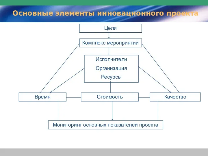 Основные элементы инновационного проекта Цели Исполнители Организация Ресурсы Время Стоимость