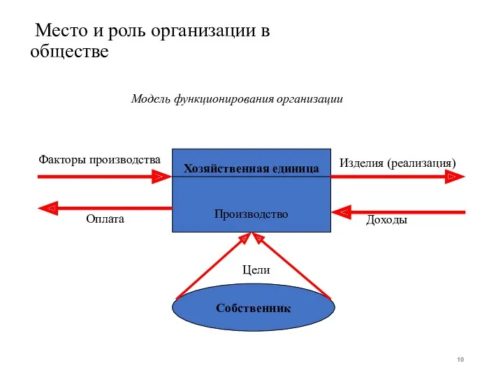 Место и роль организации в обществе Модель функционирования организации Хозяйственная