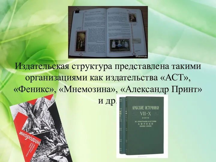 Издательская структура представлена такими организациями как издательства «АСТ», «Феникс», «Мнемозина», «Александр Принт» и др.