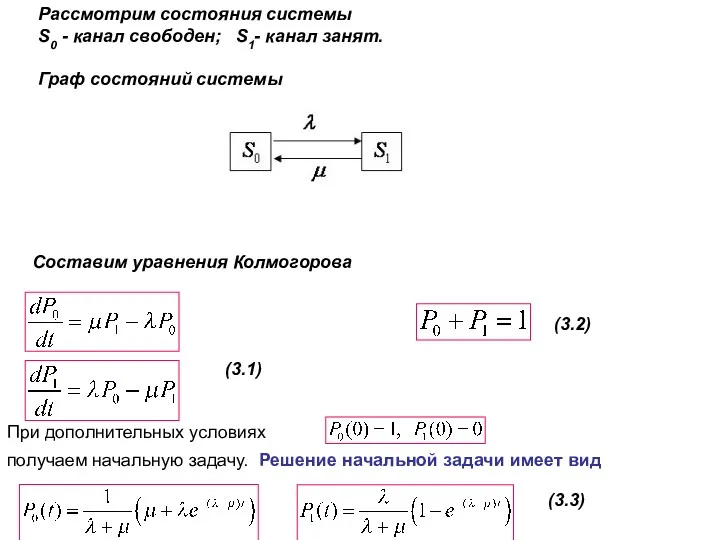 Рассмотрим состояния системы S0 - канал свободен; S1- канал занят.