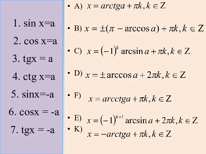 1. sin x=a 2. cos x=a 3. tgx = a