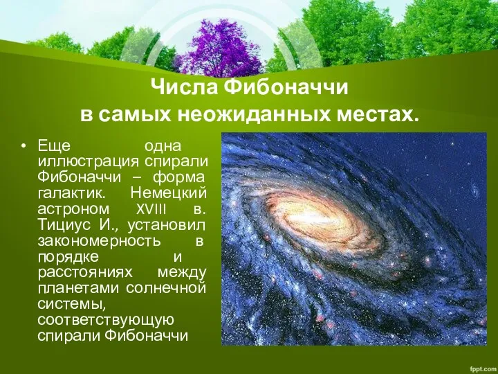 Еще одна иллюстрация спирали Фибоначчи – форма галактик. Немецкий астроном