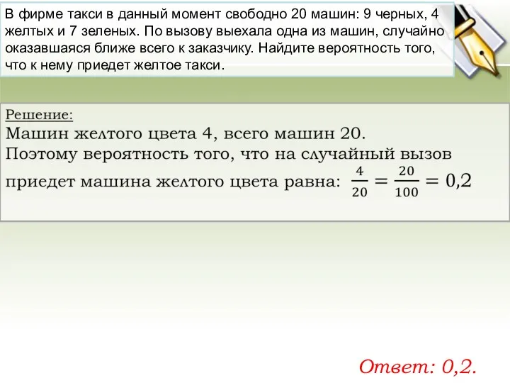 В фирме такси в дан­ный мо­мент сво­бод­но 20 машин: 9