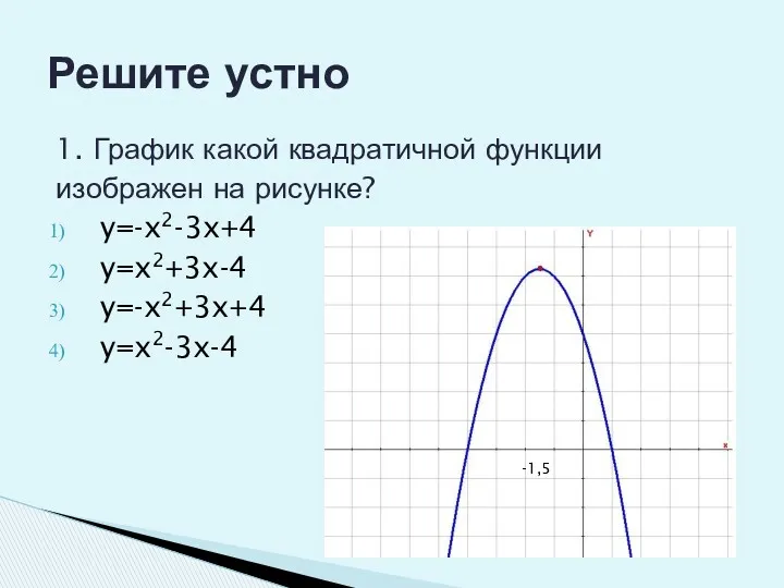 1. График какой квадратичной функции изображен на рисунке? y=-x2-3x+4 y=x2+3x-4 y=-x2+3x+4 y=x2-3x-4 Решите устно -1,5