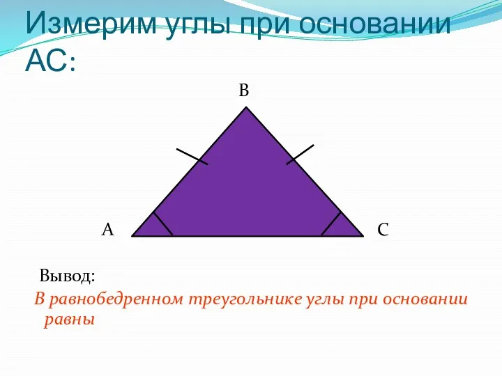 Измерим углы при основании АС: В А С Вывод: В равнобедренном треугольнике углы при основании равны
