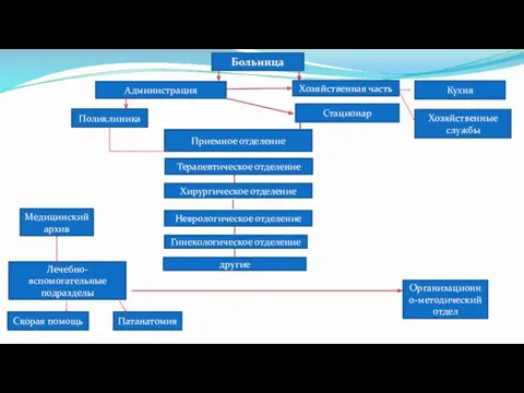 Больница Администрация Гинекологическое отделение другие Хозяйственная часть Стационар Хирургическое отделение Поликлиника Терапевтическое отделение