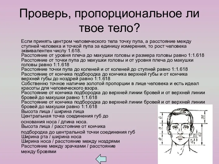 Проверь, пропорциональное ли твое тело? Если принять центром человеческого тела