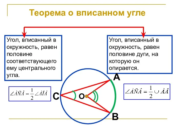 Теорема о вписанном угле Угол, вписанный в окружность, равен половине