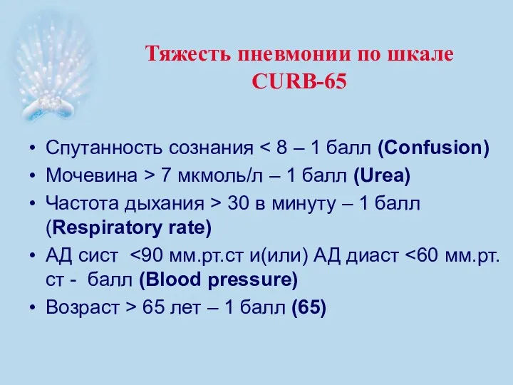 Тяжесть пневмонии по шкале CURB-65 Спутанность сознания Мочевина > 7