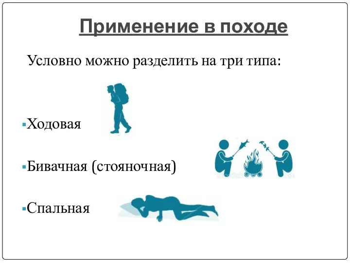 Применение в походе Условно можно разделить на три типа: Ходовая Бивачная (стояночная) Спальная