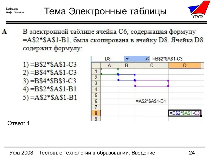 Уфа 2008 Тестовые технологии в образовании. Введение Тема Электронные таблицы Ответ: 1