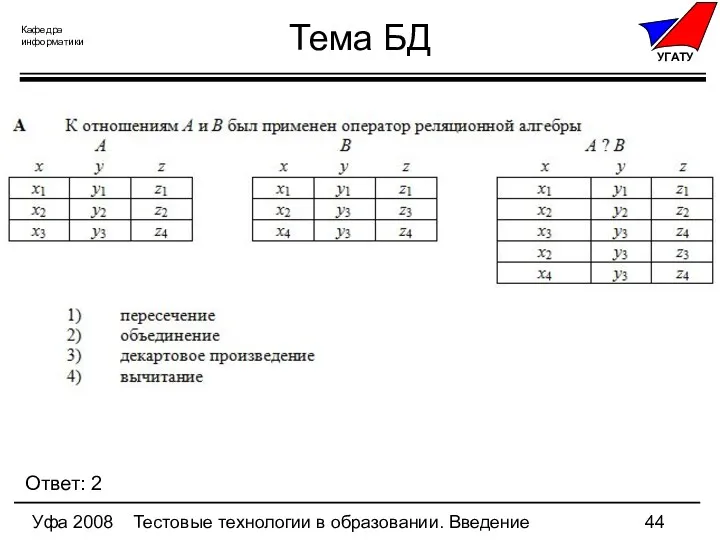 Уфа 2008 Тестовые технологии в образовании. Введение Тема БД Ответ: 2