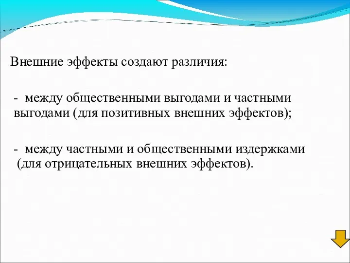 Внешние эффекты создают различия: - между общественными выгодами и частными