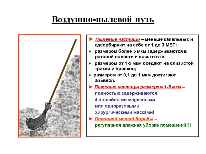 Воздушно-пылевой путь ► Пылевые частицы – меньше капельных и адсорбируют