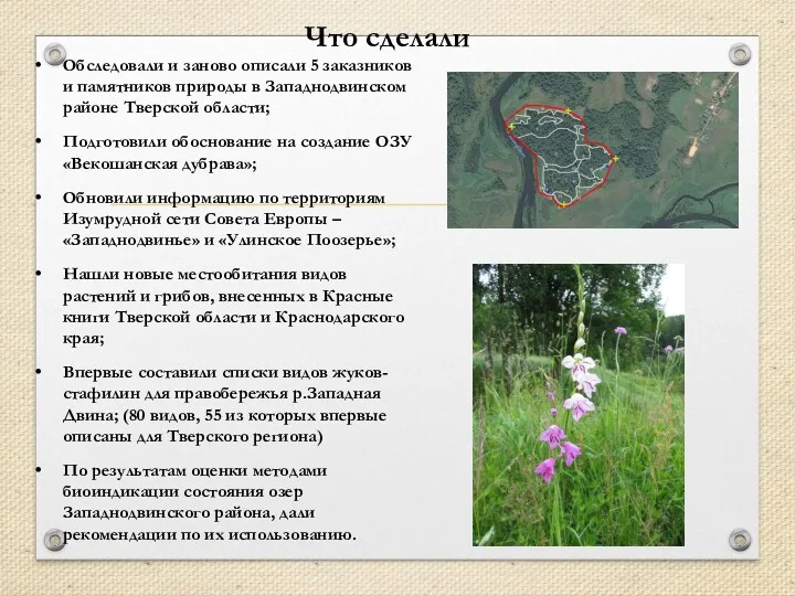 Что сделали Обследовали и заново описали 5 заказников и памятников