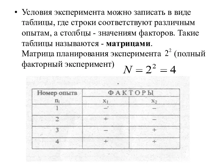 Условия эксперимента можно записать в виде таблицы, где строки соответствуют