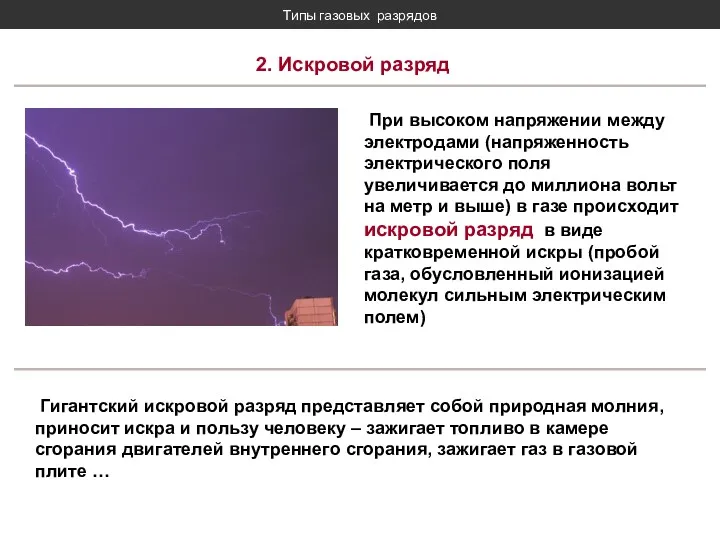 Типы газовых разрядов 2. Искровой разряд При высоком напряжении между