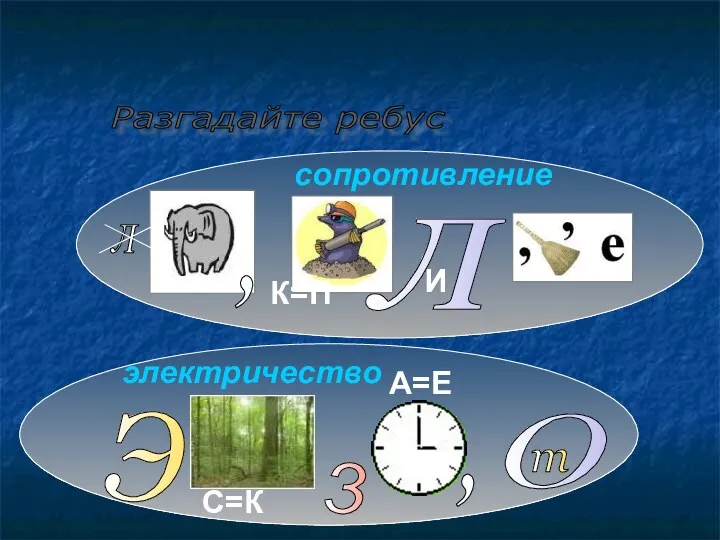 Разгадайте ребус сопротивление электричество Э С=К 3 О т , А=Е Л К=П Л И ,