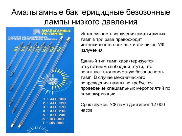 Амальгамные бактерицидные безозонные лампы низкого давления Интенсивность излучения амальгамных ламп