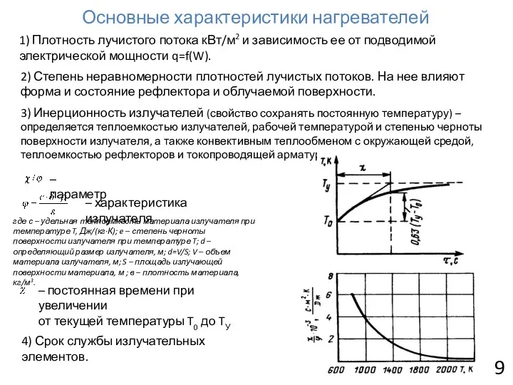 Основные характеристики нагревателей 9 1) Плотность лучистого потока кВт/м2 и