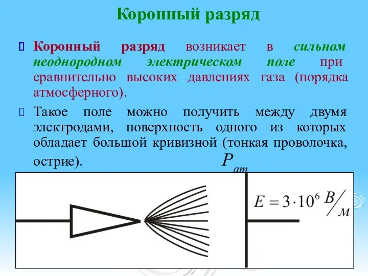 Коронный разряд Коронный разряд возникает в сильном неоднородном электрическом поле